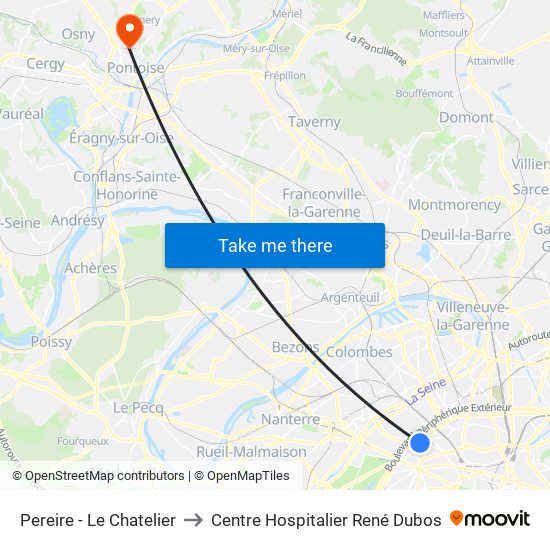 Pereire - Le Chatelier to Centre Hospitalier René Dubos map