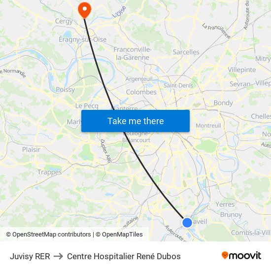 Juvisy RER to Centre Hospitalier René Dubos map