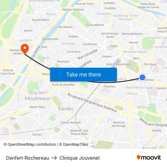 Denfert-Rochereau to Clinique Jouvenet map