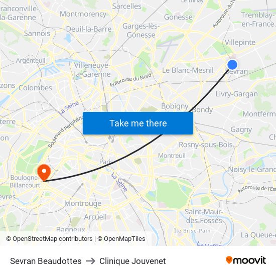 Sevran Beaudottes to Clinique Jouvenet map