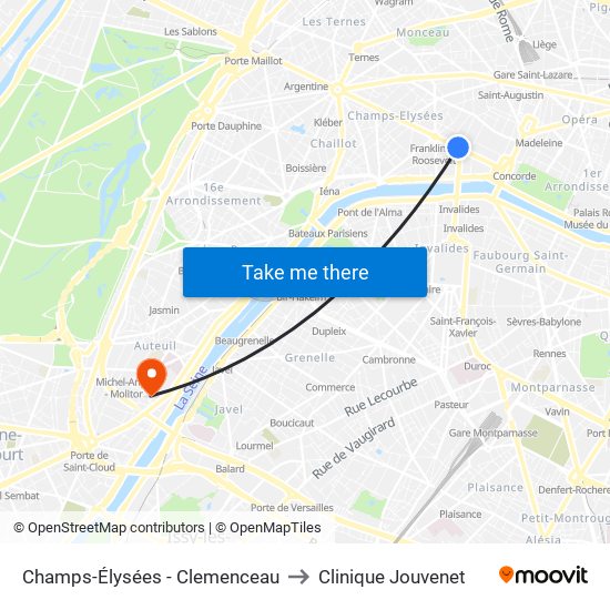 Champs-Élysées - Clemenceau to Clinique Jouvenet map