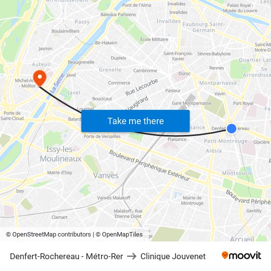 Denfert-Rochereau - Métro-Rer to Clinique Jouvenet map