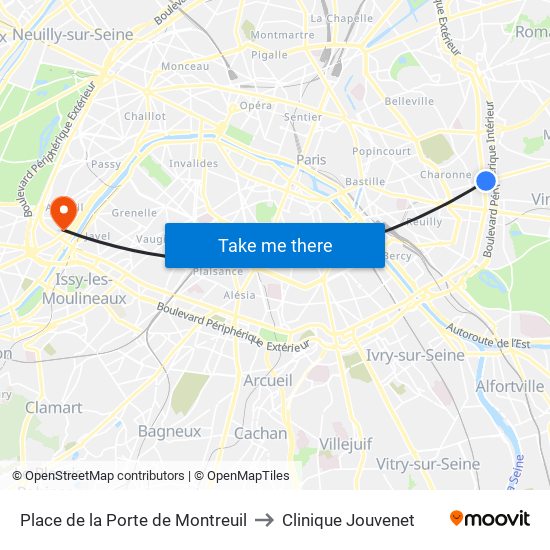 Place de la Porte de Montreuil to Clinique Jouvenet map