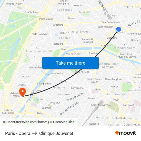 Paris - Opéra to Clinique Jouvenet map