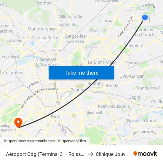 Aéroport Cdg (Terminal 3 – Roissypôle) to Clinique Jouvenet map