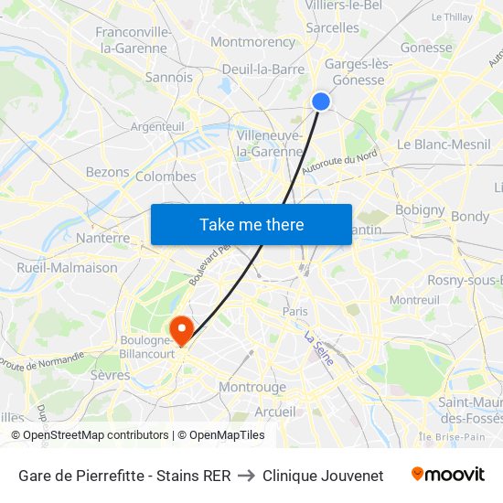 Gare de Pierrefitte - Stains RER to Clinique Jouvenet map