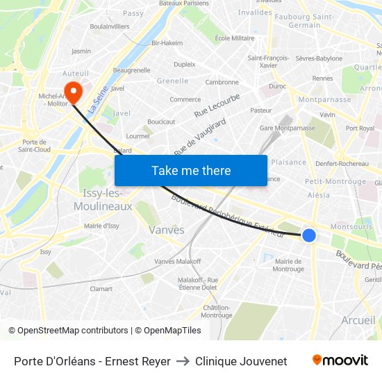 Porte D'Orléans - Ernest Reyer to Clinique Jouvenet map