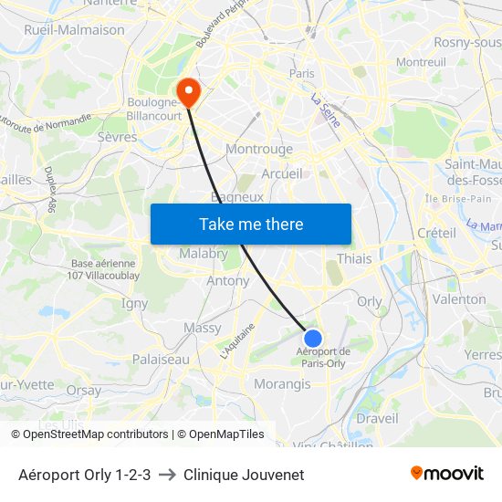 Aéroport Orly 1-2-3 to Clinique Jouvenet map