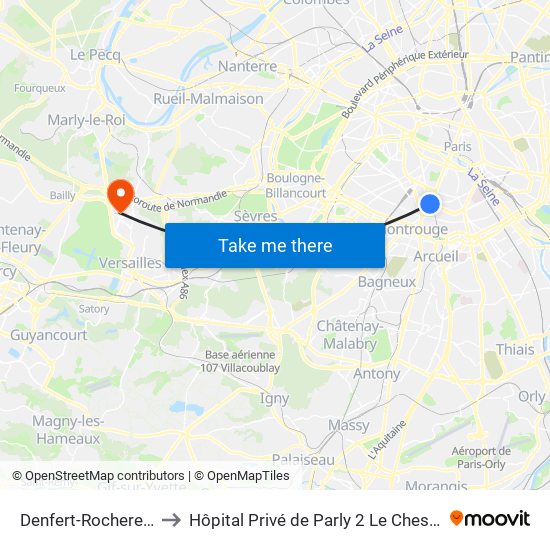 Denfert-Rochereau to Hôpital Privé de Parly 2 Le Chesnay map