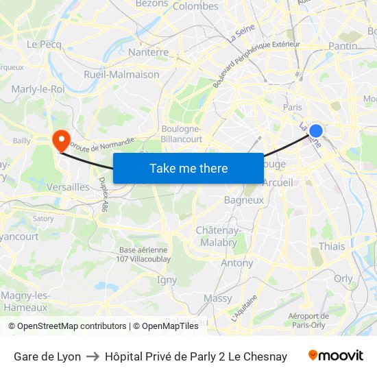 Gare de Lyon to Hôpital Privé de Parly 2 Le Chesnay map