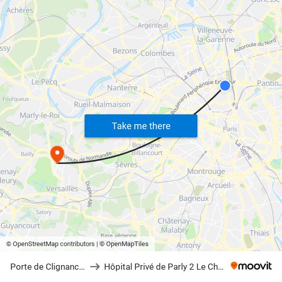 Porte de Clignancourt to Hôpital Privé de Parly 2 Le Chesnay map