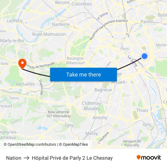 Nation to Hôpital Privé de Parly 2 Le Chesnay map