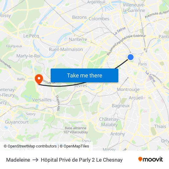 Madeleine to Hôpital Privé de Parly 2 Le Chesnay map
