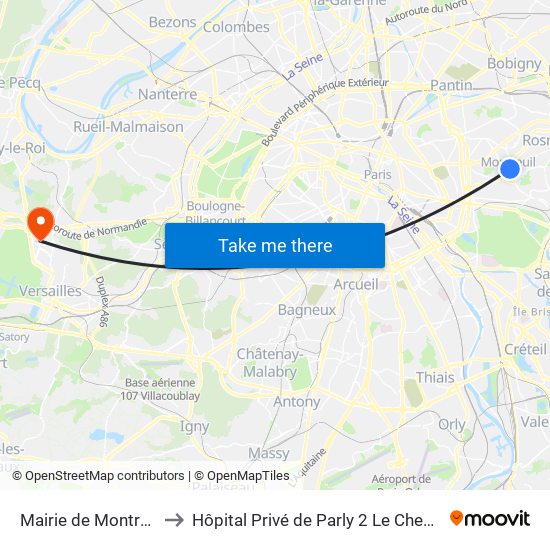 Mairie de Montreuil to Hôpital Privé de Parly 2 Le Chesnay map