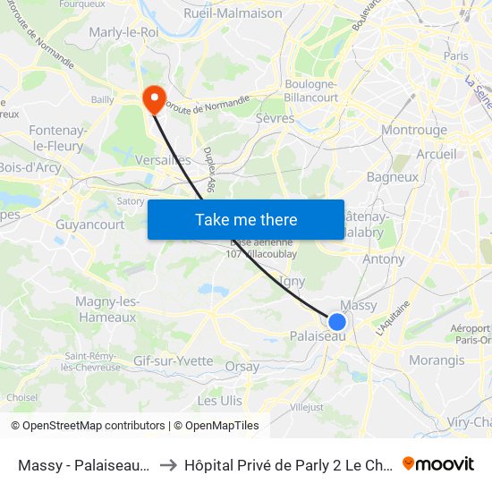 Massy - Palaiseau RER to Hôpital Privé de Parly 2 Le Chesnay map