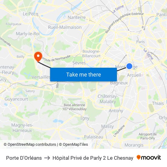Porte D'Orléans to Hôpital Privé de Parly 2 Le Chesnay map