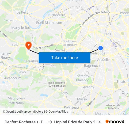 Denfert-Rochereau - Daguerre to Hôpital Privé de Parly 2 Le Chesnay map
