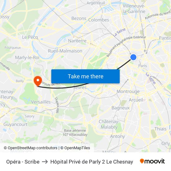 Opéra - Scribe to Hôpital Privé de Parly 2 Le Chesnay map