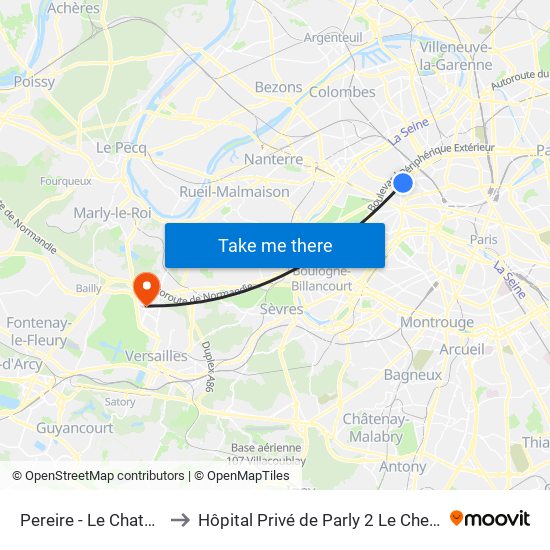 Pereire - Le Chatelier to Hôpital Privé de Parly 2 Le Chesnay map
