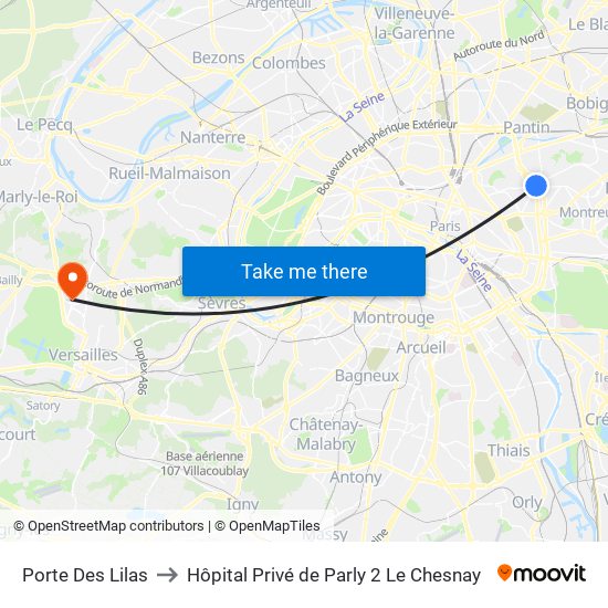 Porte Des Lilas to Hôpital Privé de Parly 2 Le Chesnay map