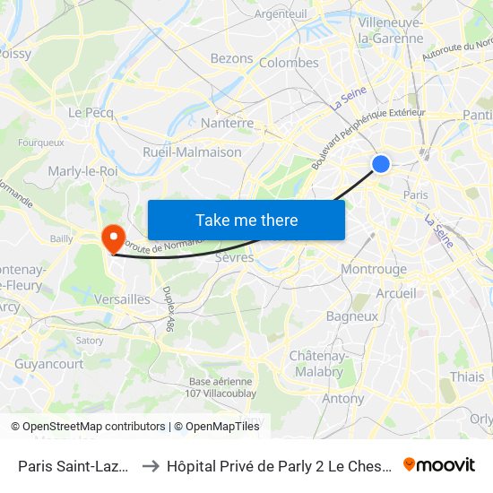 Paris Saint-Lazare to Hôpital Privé de Parly 2 Le Chesnay map