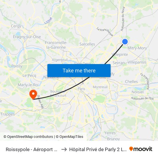 Roissypole - Aéroport Cdg1 (G1) to Hôpital Privé de Parly 2 Le Chesnay map