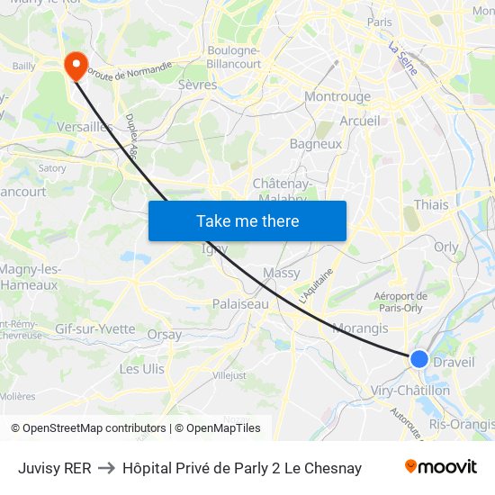 Juvisy RER to Hôpital Privé de Parly 2 Le Chesnay map