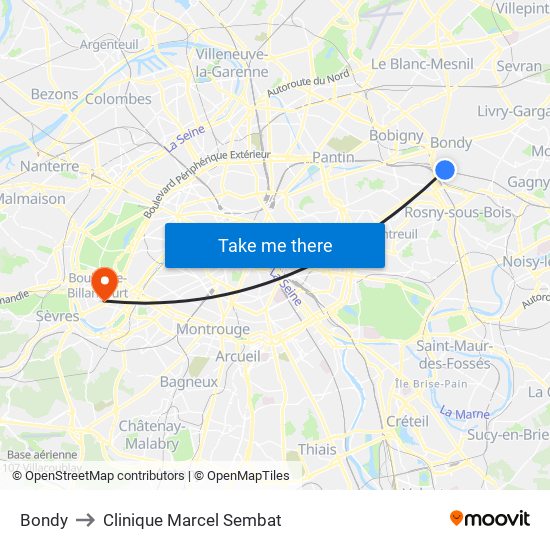 Bondy to Clinique Marcel Sembat map