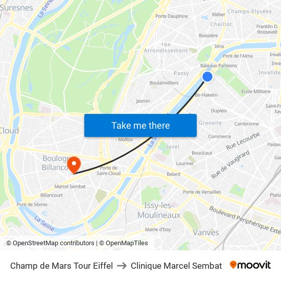 Champ de Mars Tour Eiffel to Clinique Marcel Sembat map