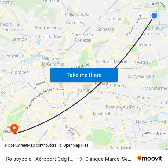 Roissypole - Aéroport Cdg1 (E2) to Clinique Marcel Sembat map