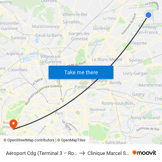 Aéroport Cdg (Terminal 3 – Roissypôle) to Clinique Marcel Sembat map