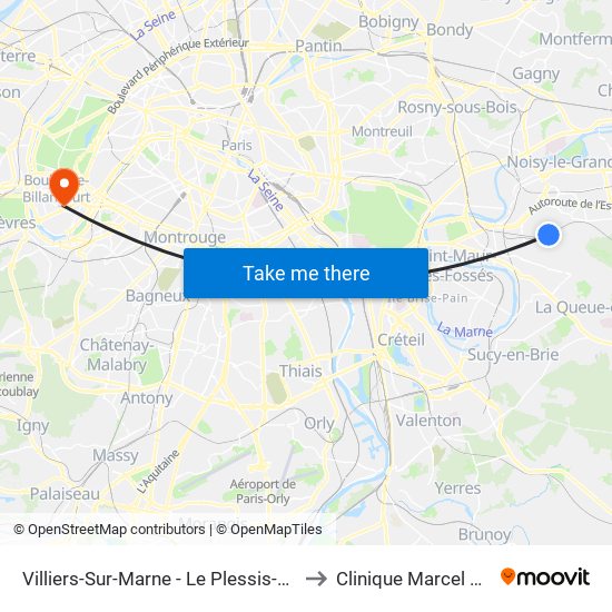 Villiers-Sur-Marne - Le Plessis-Trévise RER to Clinique Marcel Sembat map