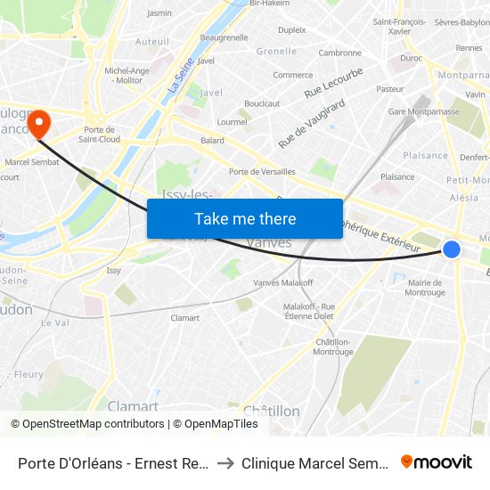 Porte D'Orléans - Ernest Reyer to Clinique Marcel Sembat map