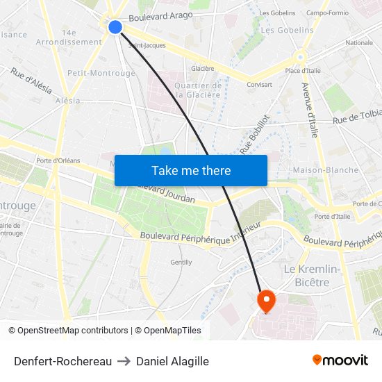 Denfert-Rochereau to Daniel Alagille map