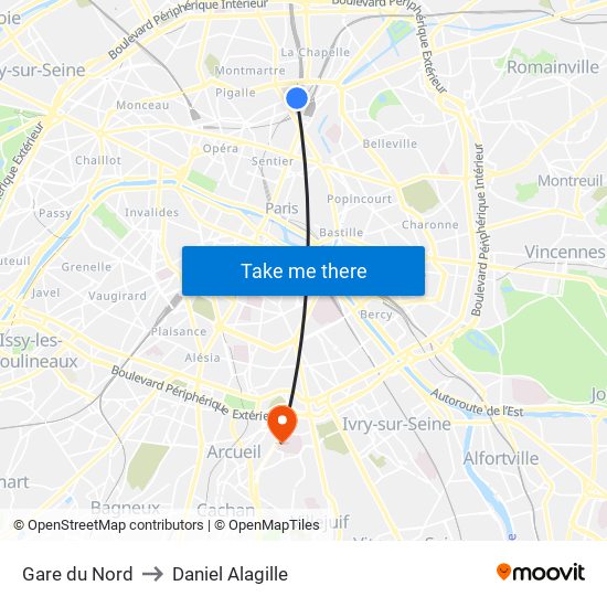 Gare du Nord to Daniel Alagille map