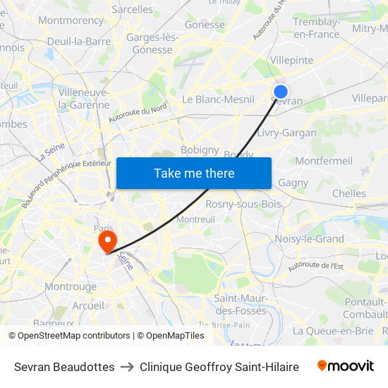 Sevran Beaudottes to Clinique Geoffroy Saint-Hilaire map