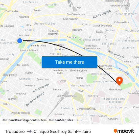 Trocadéro to Clinique Geoffroy Saint-Hilaire map