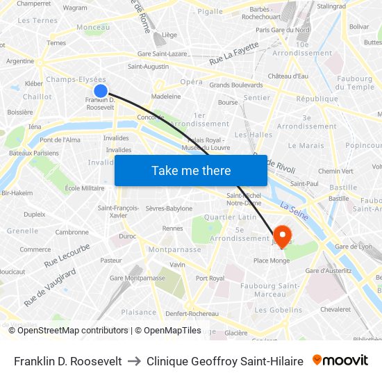 Franklin D. Roosevelt to Clinique Geoffroy Saint-Hilaire map