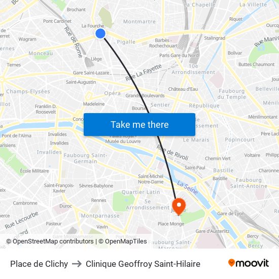 Place de Clichy to Clinique Geoffroy Saint-Hilaire map