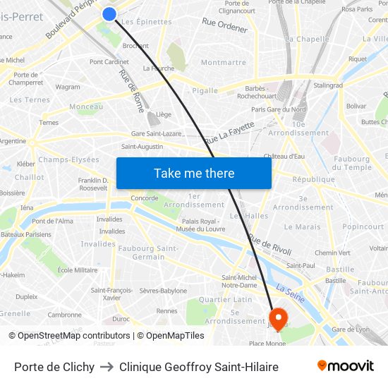 Porte de Clichy to Clinique Geoffroy Saint-Hilaire map