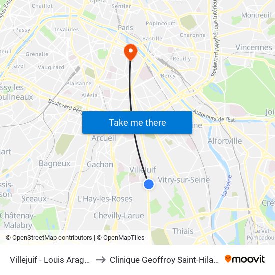 Villejuif - Louis Aragon to Clinique Geoffroy Saint-Hilaire map