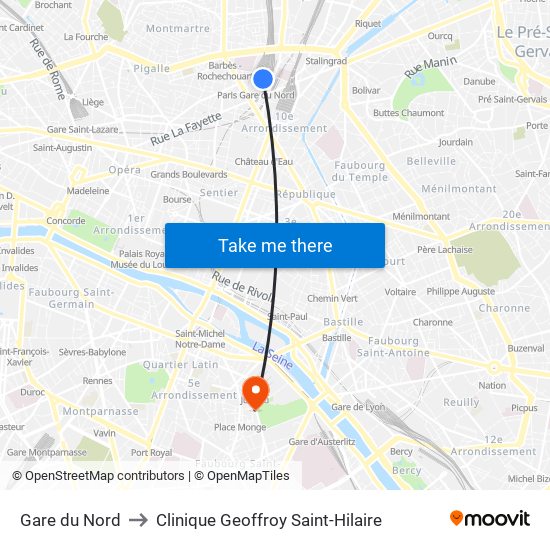 Gare du Nord to Clinique Geoffroy Saint-Hilaire map