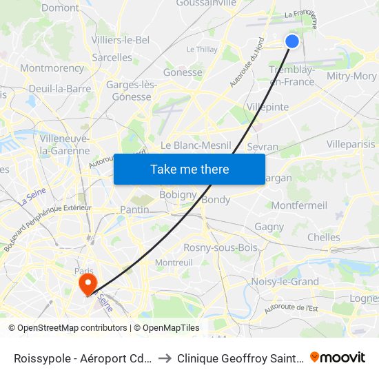 Roissypole - Aéroport Cdg1 (D3) to Clinique Geoffroy Saint-Hilaire map