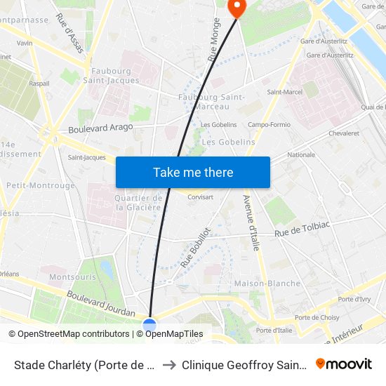 Stade Charléty (Porte de Gentilly) to Clinique Geoffroy Saint-Hilaire map