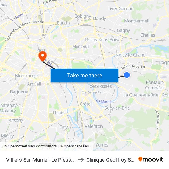 Villiers-Sur-Marne - Le Plessis-Trévise RER to Clinique Geoffroy Saint-Hilaire map