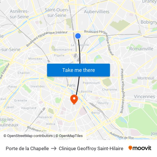 Porte de la Chapelle to Clinique Geoffroy Saint-Hilaire map
