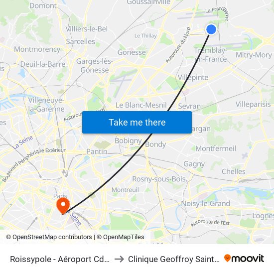 Roissypole - Aéroport Cdg1 (G1) to Clinique Geoffroy Saint-Hilaire map