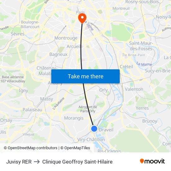 Juvisy RER to Clinique Geoffroy Saint-Hilaire map