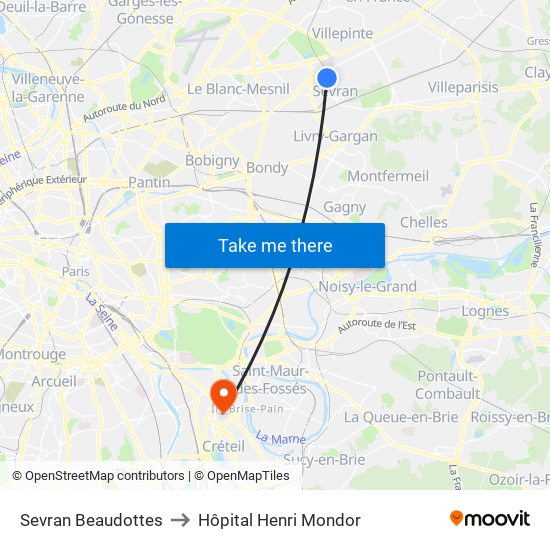 Sevran Beaudottes to Hôpital Henri Mondor map