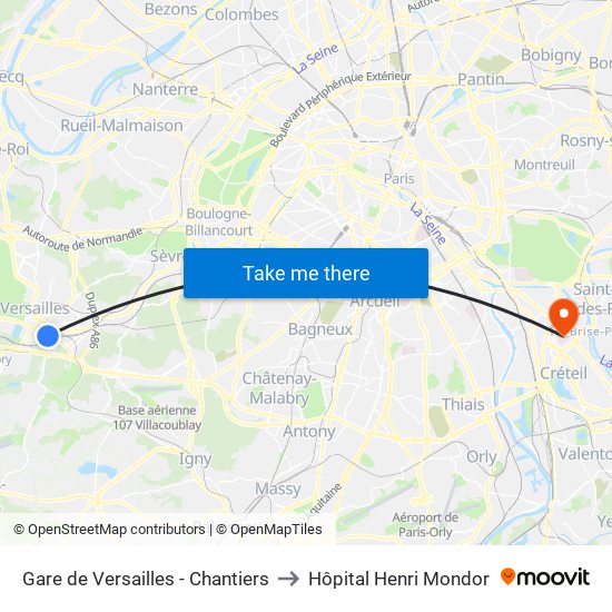 Gare de Versailles - Chantiers to Hôpital Henri Mondor map